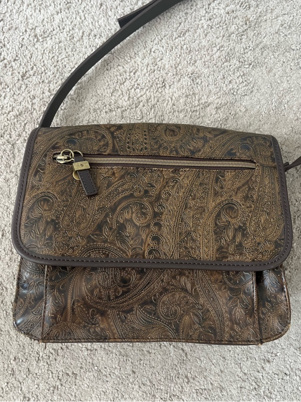 Relic Brown Paisley Tooled Leather Shoulder Bag